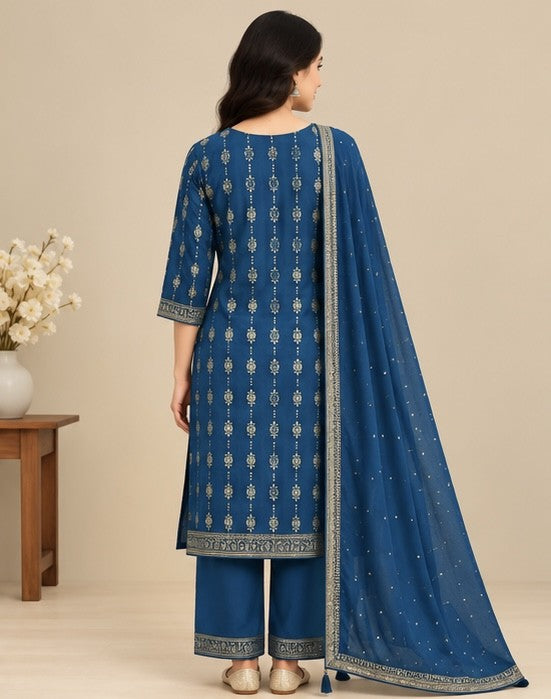 Women’s Royal Blue Silk Blend Printed Salwar Kurta Dupatta Set