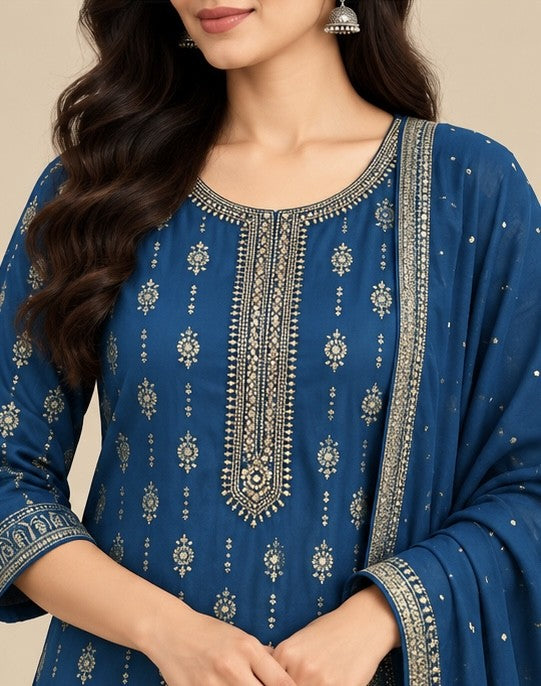 Women’s Royal Blue Silk Blend Printed Salwar Kurta Dupatta Set