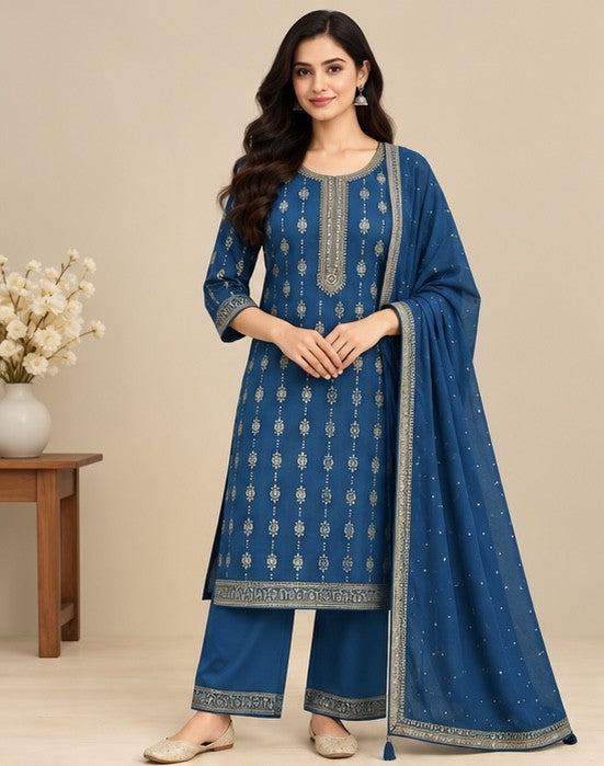 Women’s Royal Blue Silk Blend Printed Salwar Kurta Dupatta Set