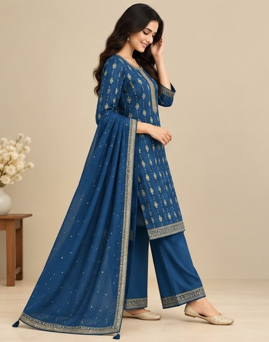 Women’s Royal Blue Silk Blend Printed Salwar Kurta Dupatta Set