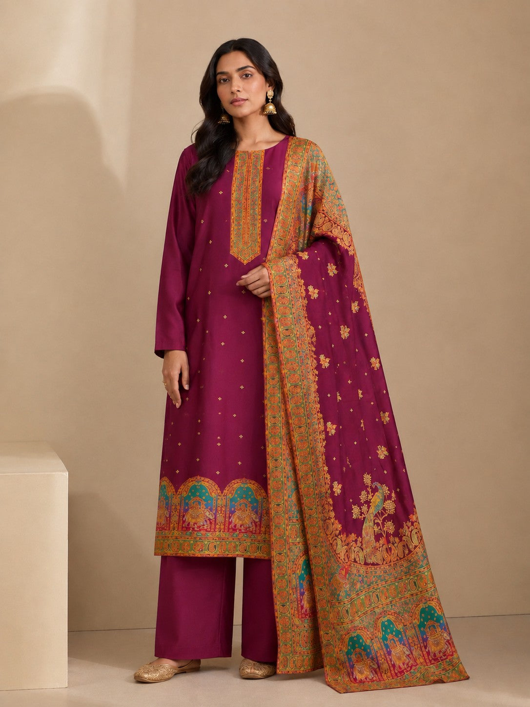 Purple Jacquard Silk Unstitched Dress Material