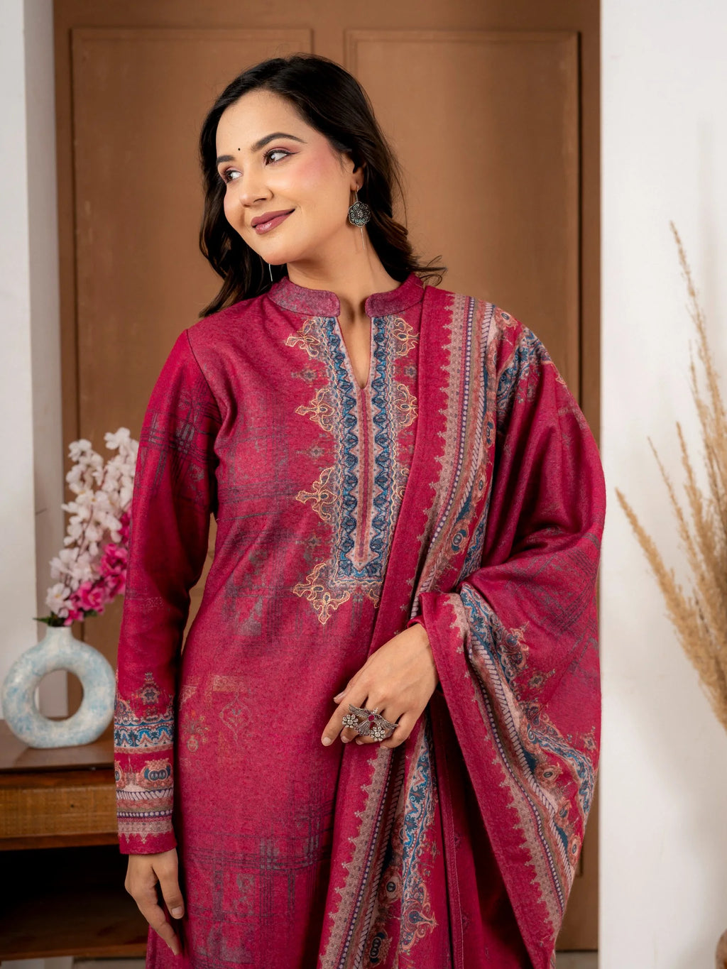 Ruby Red Printed Wool Blend Suit Set with Dupatta