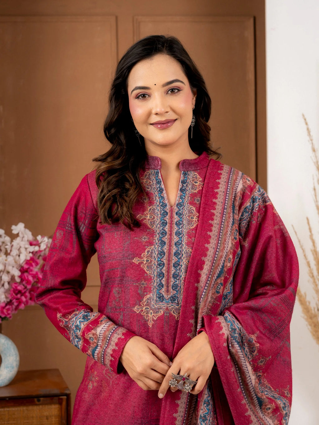 Ruby Red Printed Wool Blend Suit Set with Dupatta