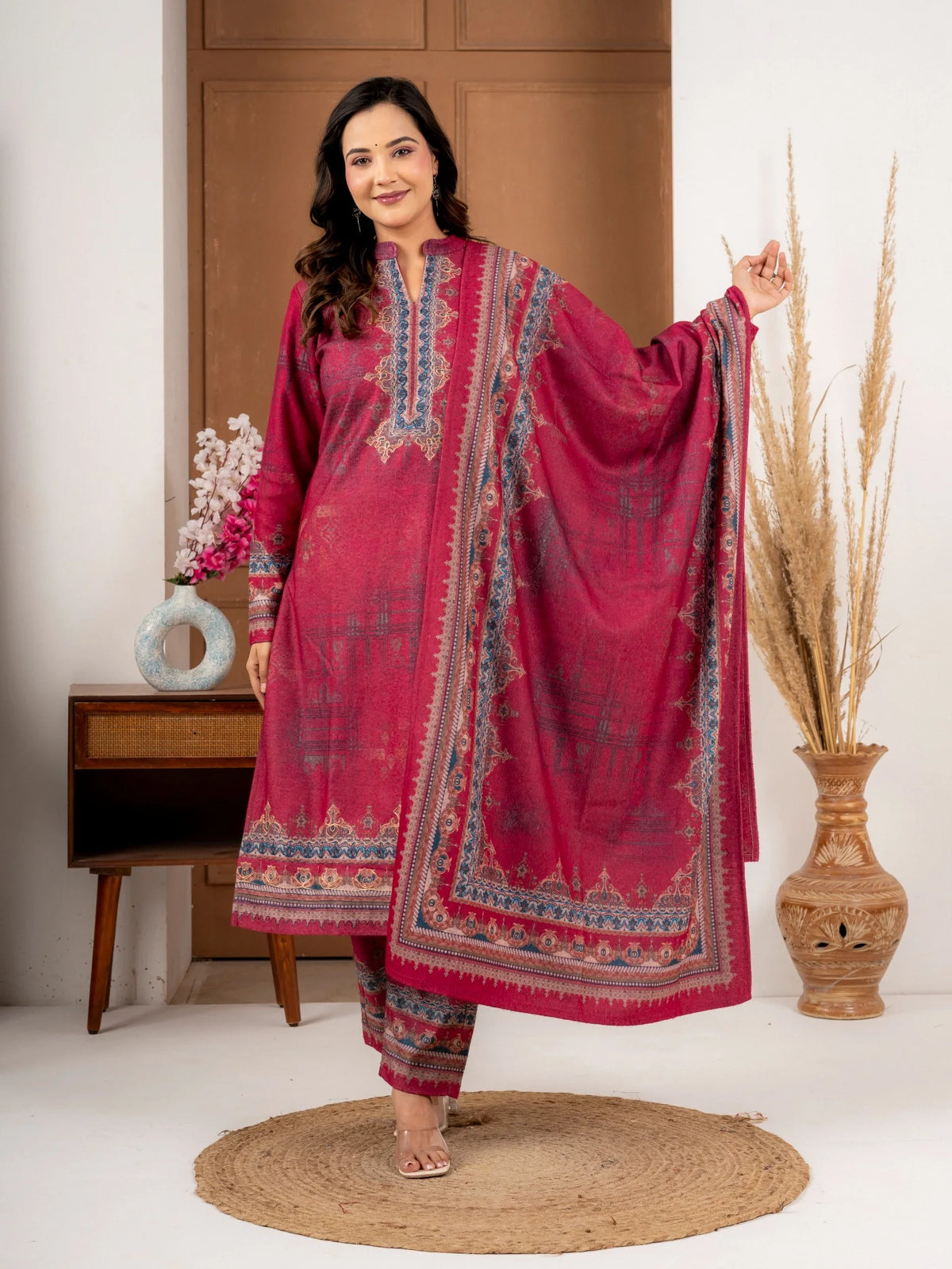 Ruby Red Printed Wool Blend Suit Set with Dupatta