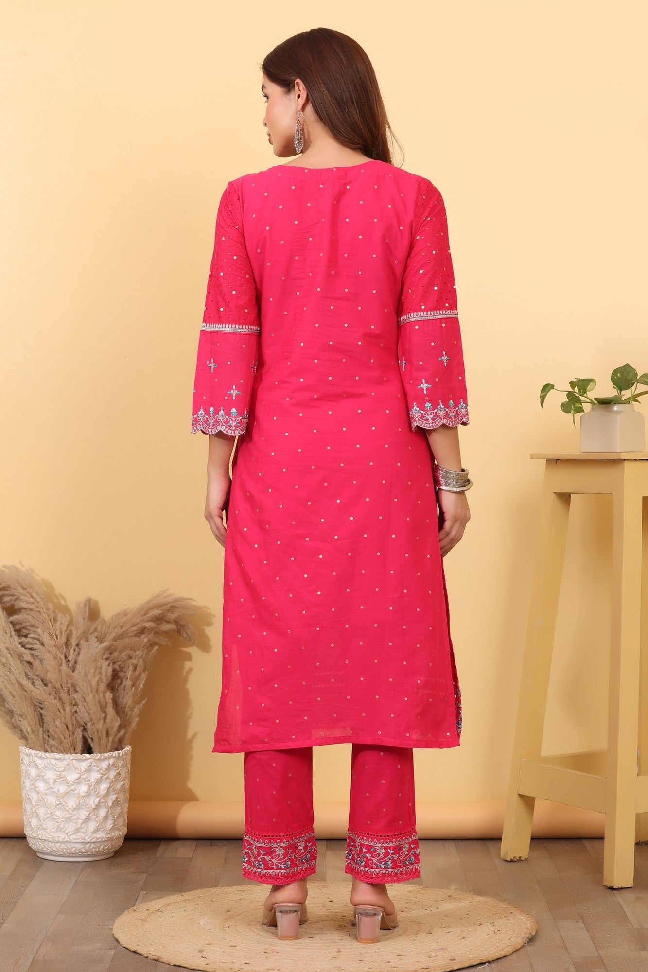Hot Pink Embroidered Cotton Straight Suit Set with Dupatta