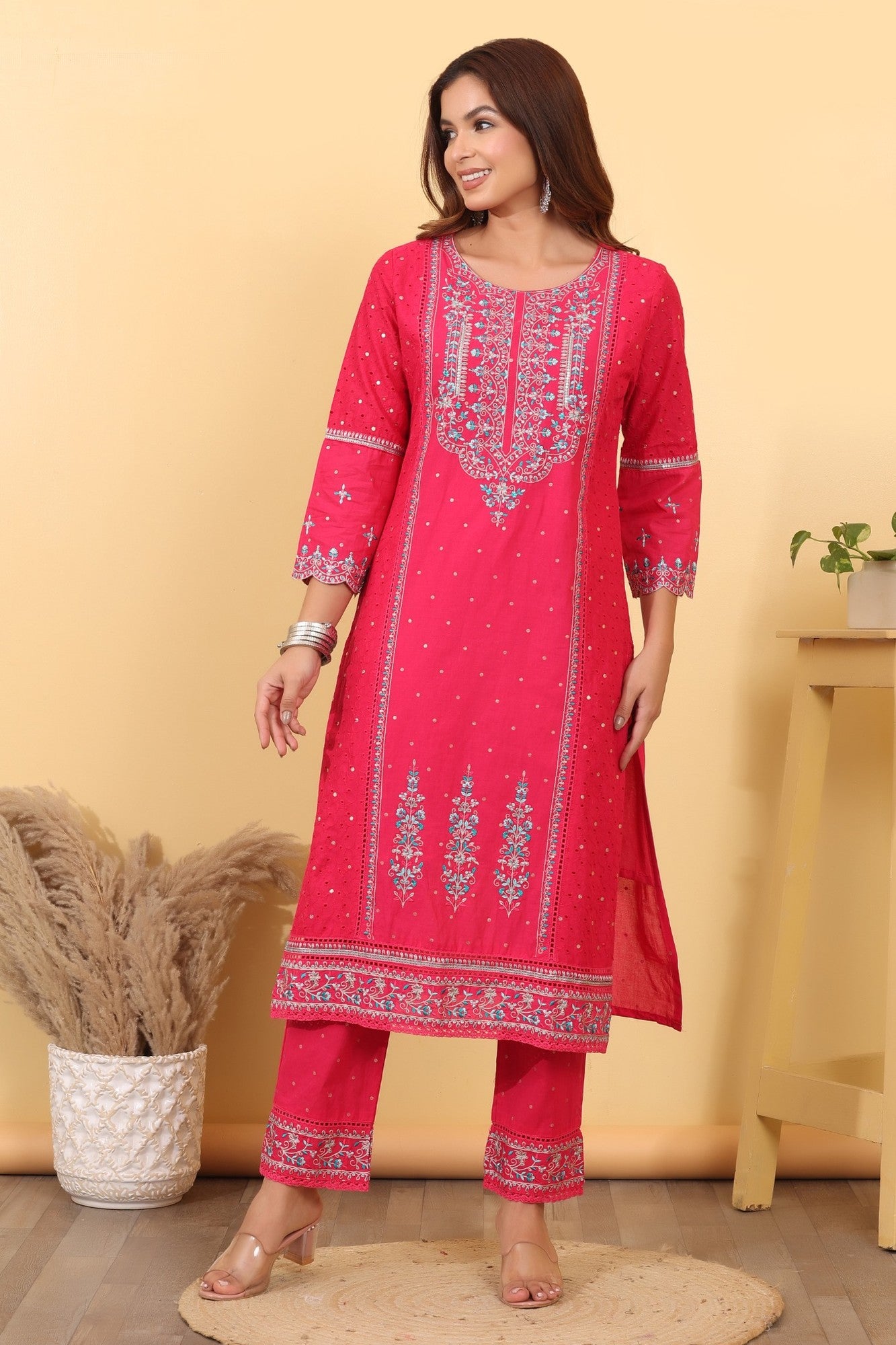 Hot Pink Embroidered Cotton Straight Suit Set with Dupatta