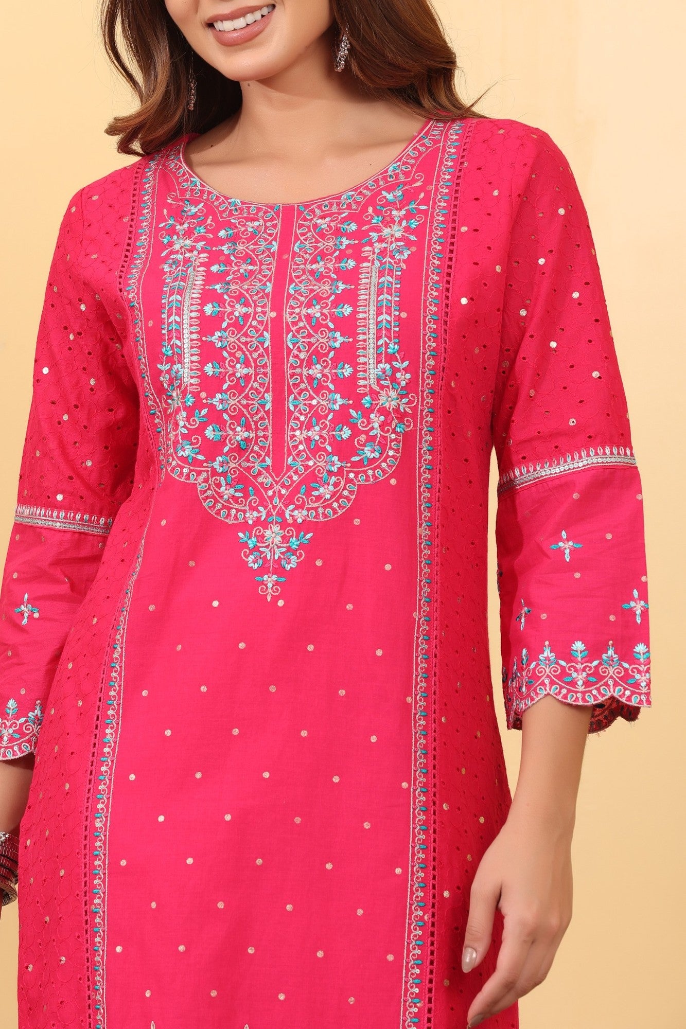 Hot Pink Embroidered Cotton Straight Suit Set with Dupatta
