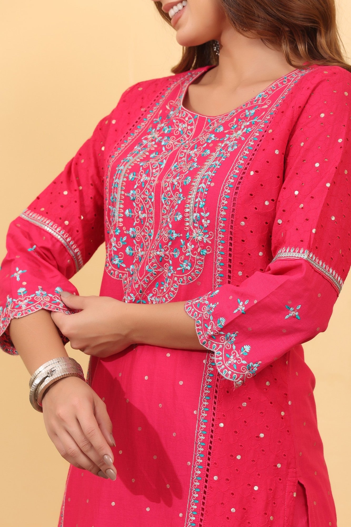 Hot Pink Embroidered Cotton Straight Suit Set with Dupatta