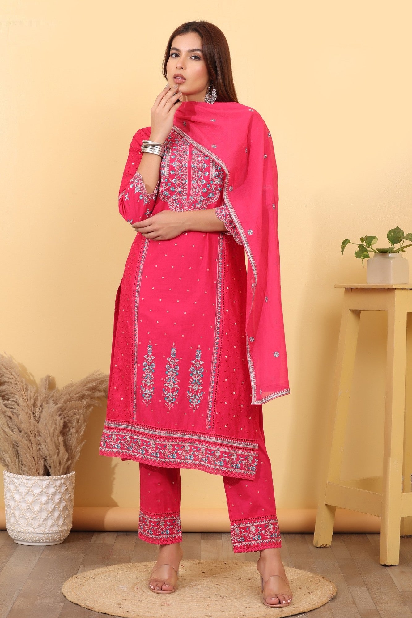 Hot Pink Embroidered Cotton Straight Suit Set with Dupatta