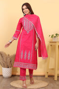 Hot Pink Embroidered Cotton Straight Suit Set with Dupatta