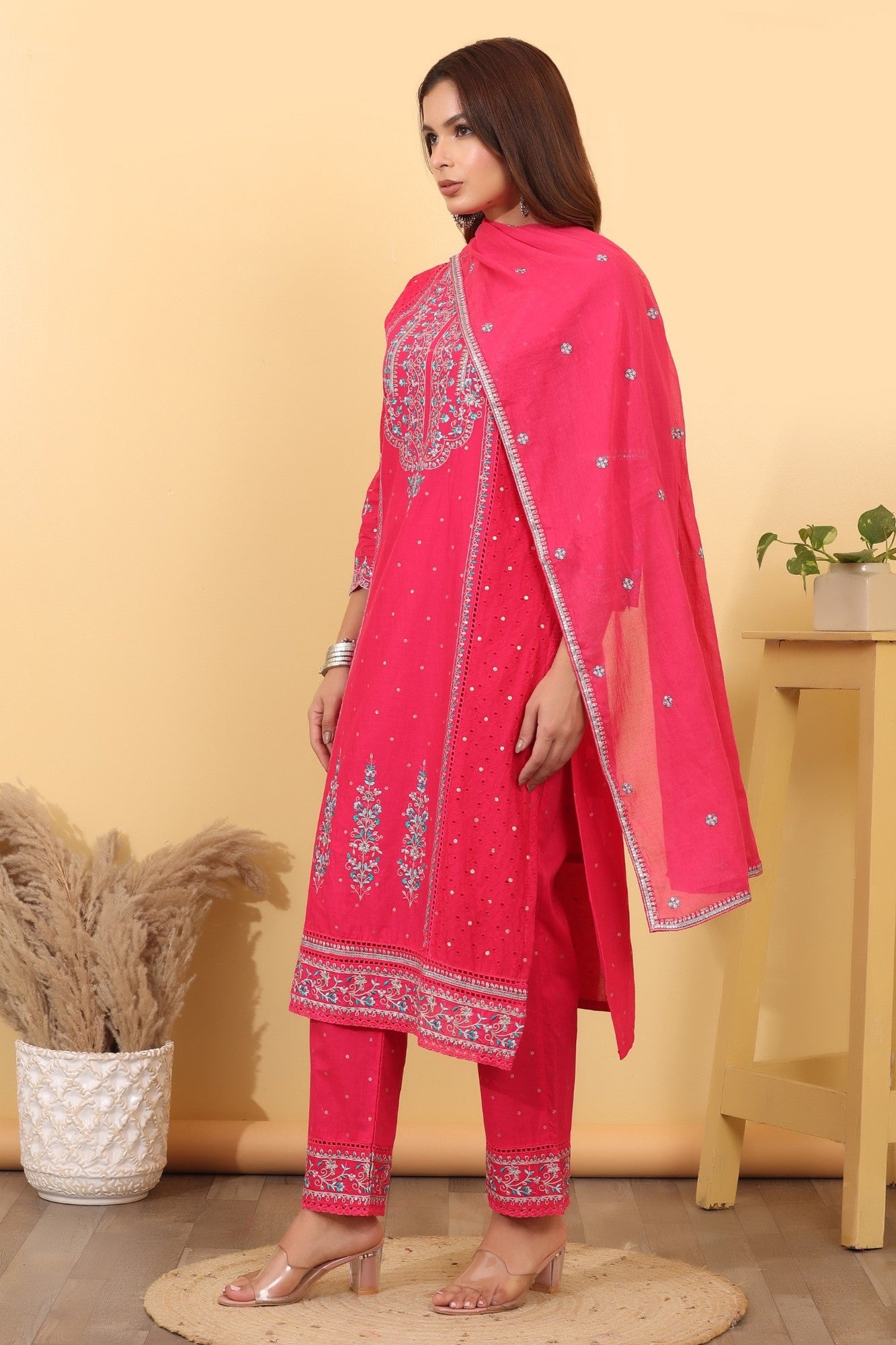 Hot Pink Embroidered Cotton Straight Suit Set with Dupatta