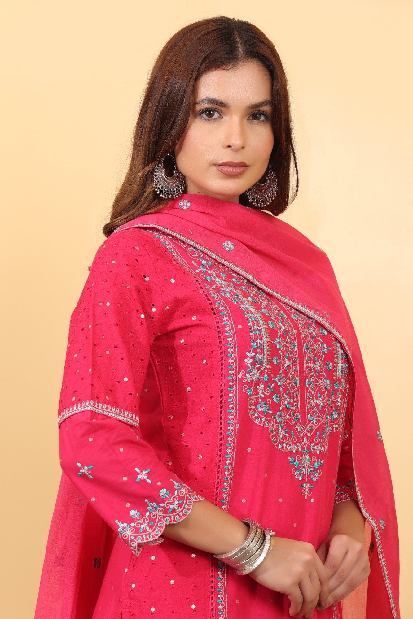 Hot Pink Embroidered Cotton Straight Suit Set with Dupatta