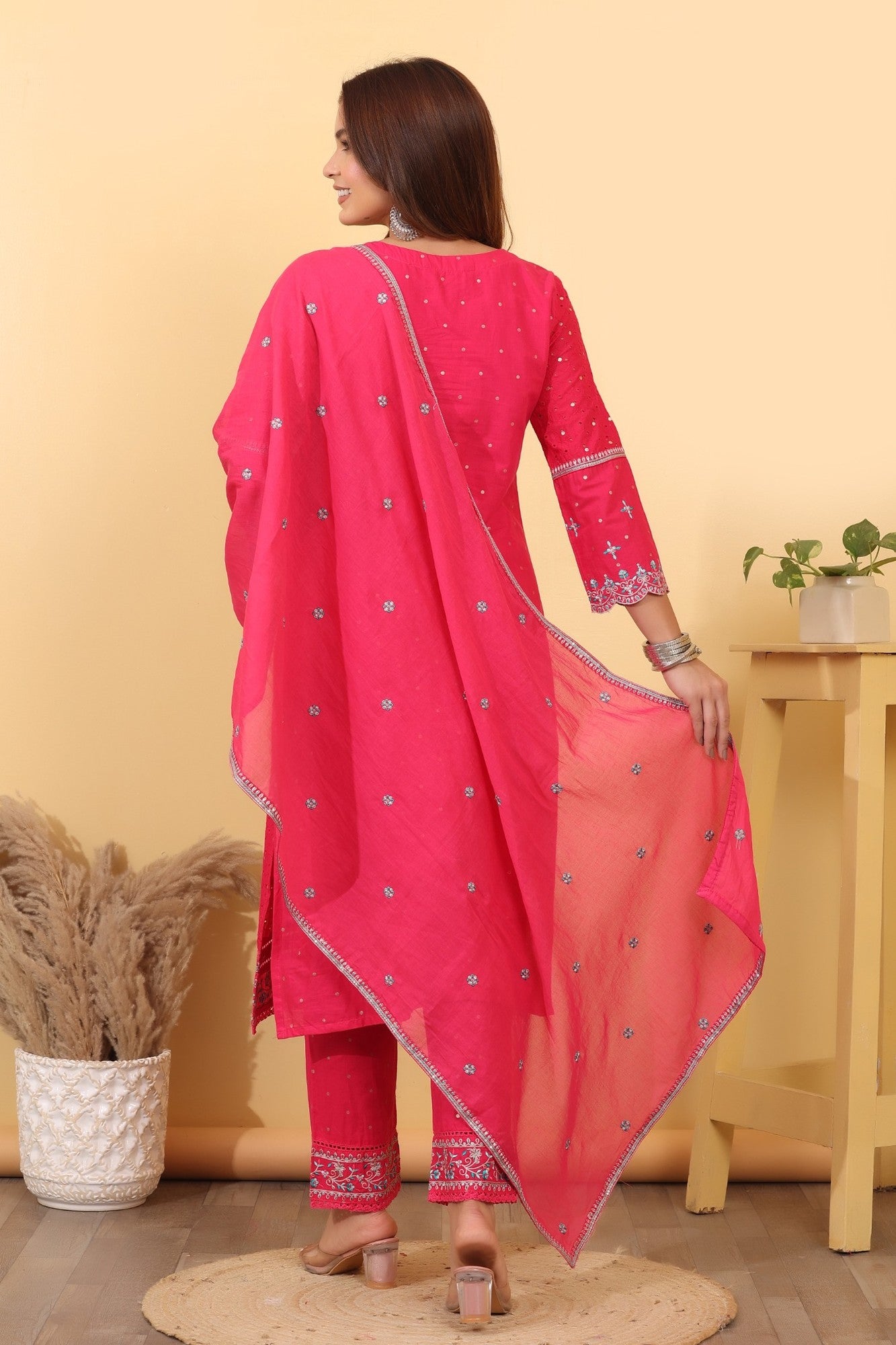 Hot Pink Embroidered Cotton Straight Suit Set with Dupatta