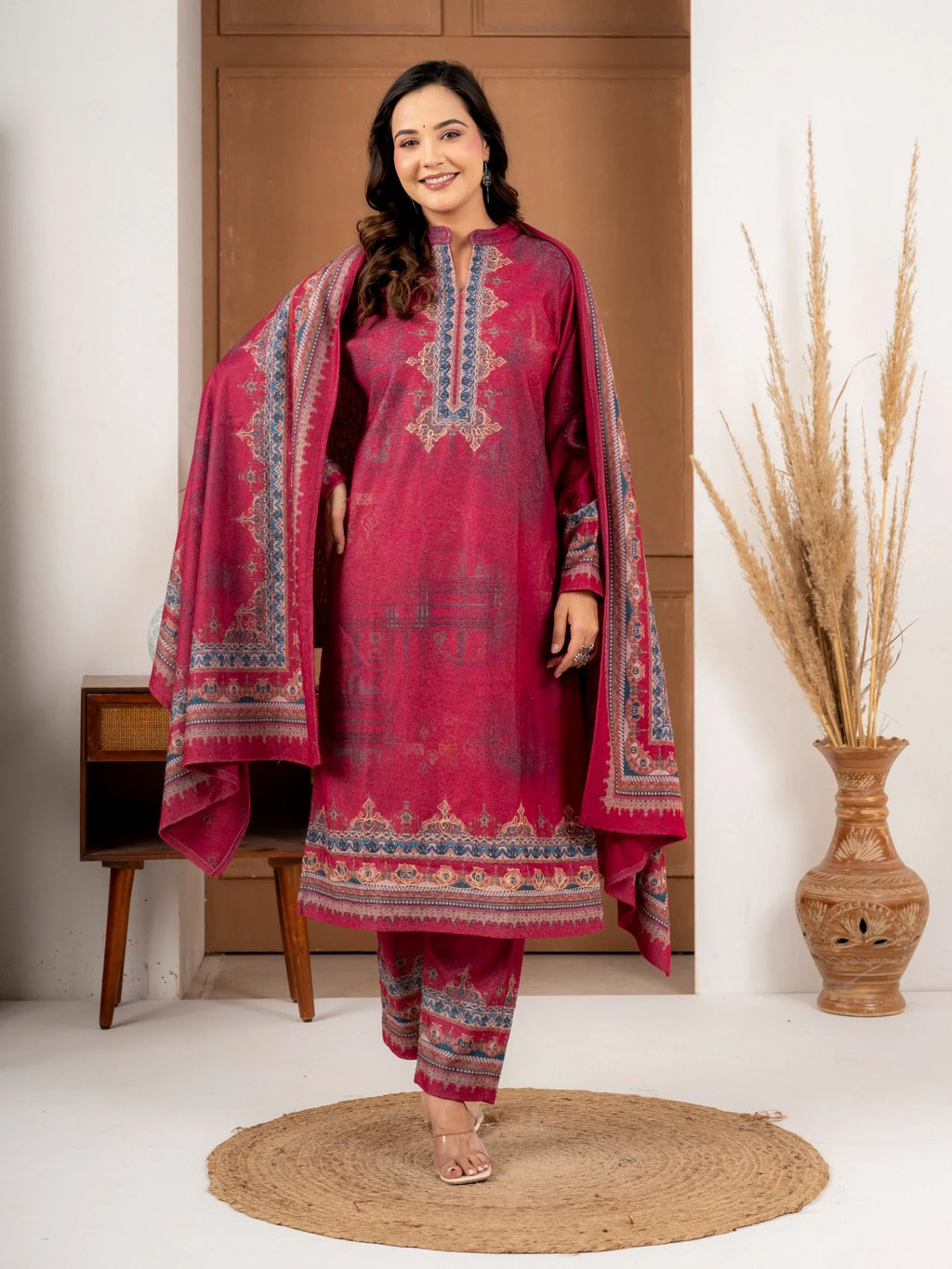 Ruby Red Printed Wool Blend Suit Set with Dupatta