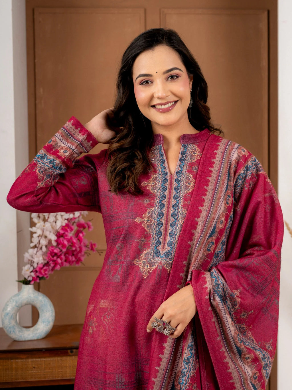 Ruby Red Printed Wool Blend Suit Set with Dupatta