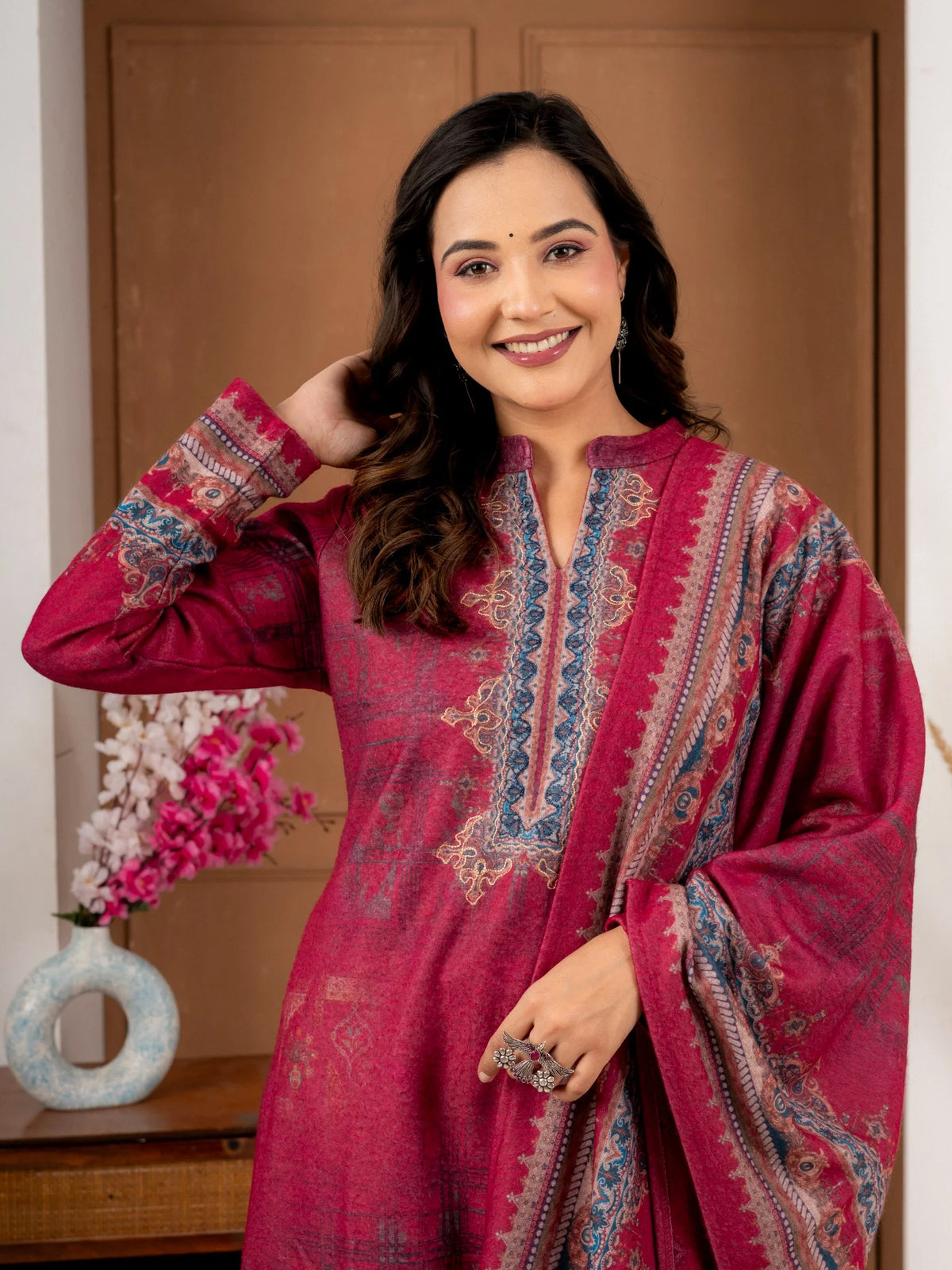 Ruby Red Printed Wool Blend Suit Set with Dupatta
