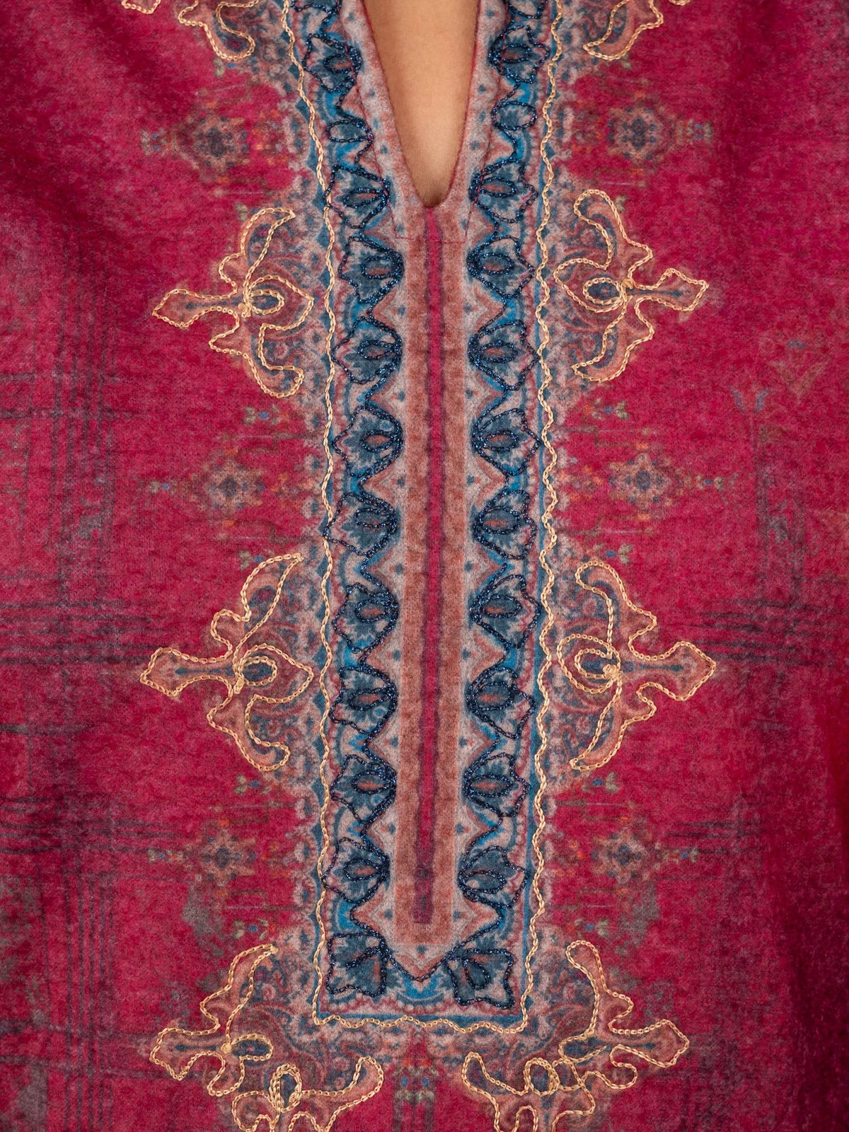 Ruby Red Printed Wool Blend Suit Set with Dupatta