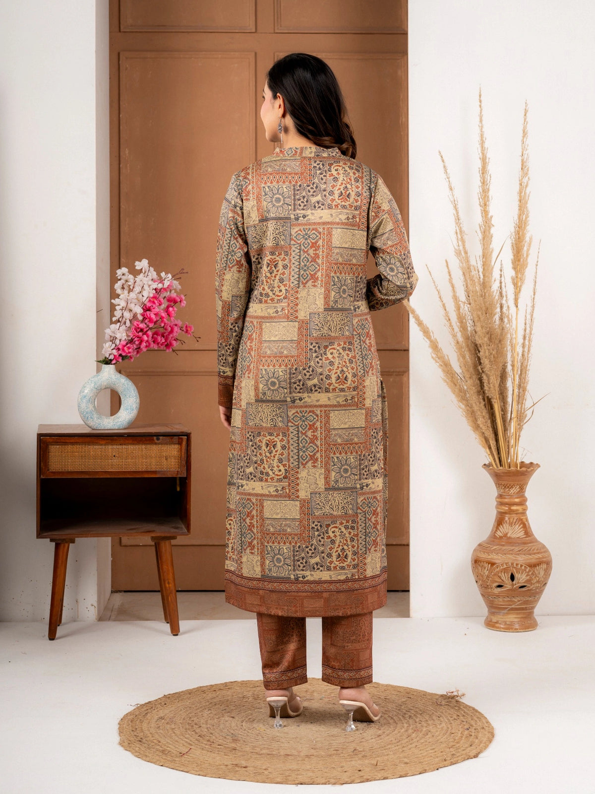 Rust Printed Wool Blend Suit Set with Matching Dupatta for Women