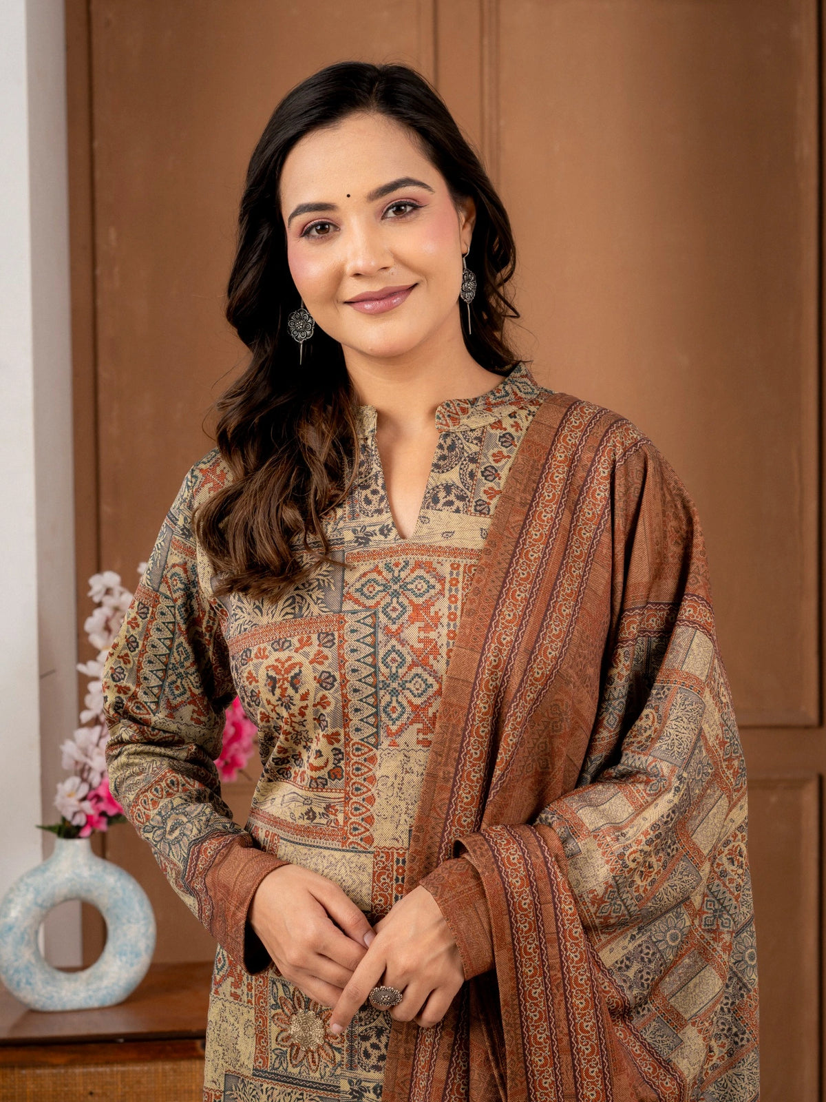 Rust Printed Wool Blend Suit Set with Matching Dupatta for Women