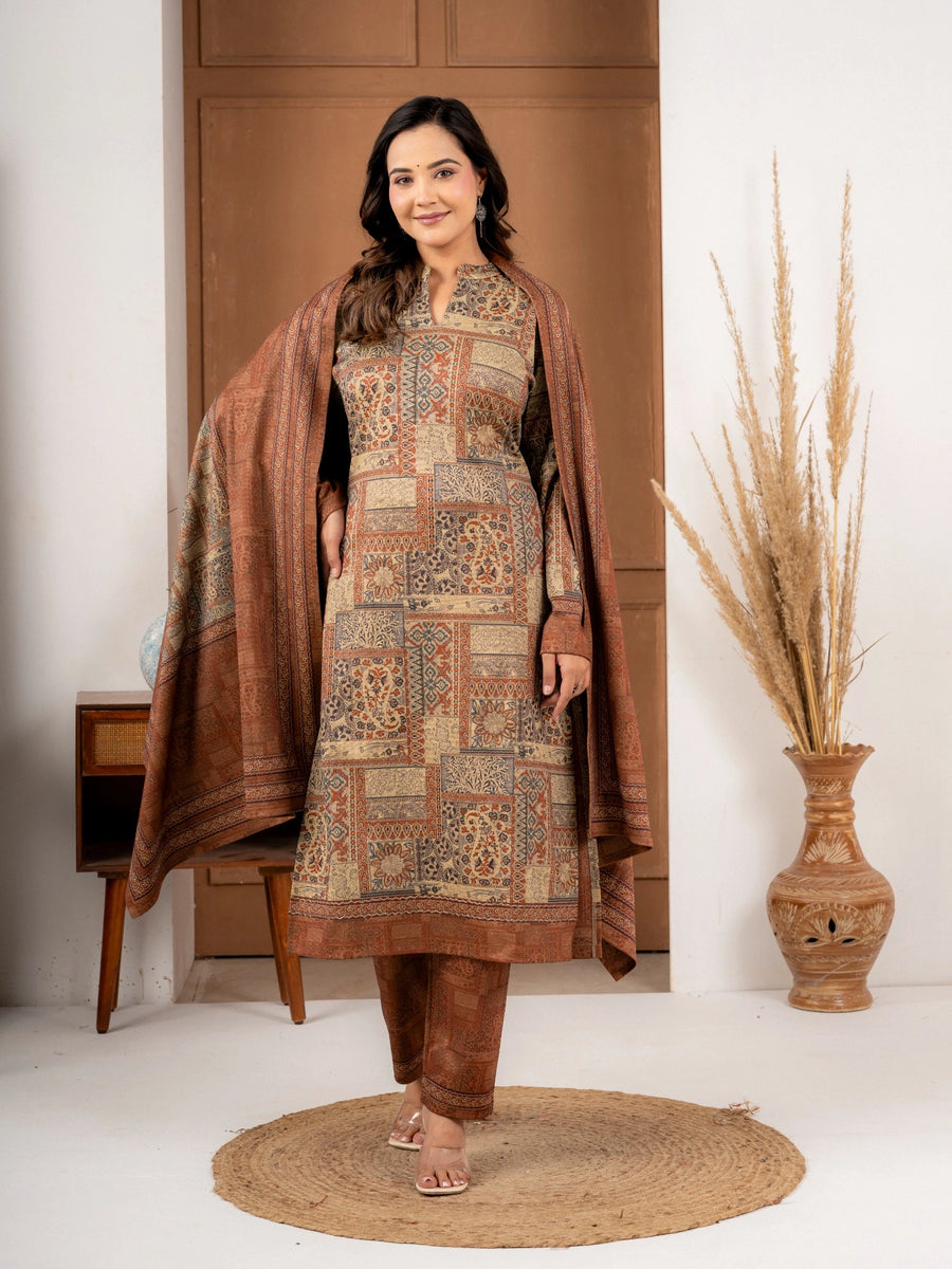 Rust Printed Wool Blend Suit Set with Matching Dupatta for Women