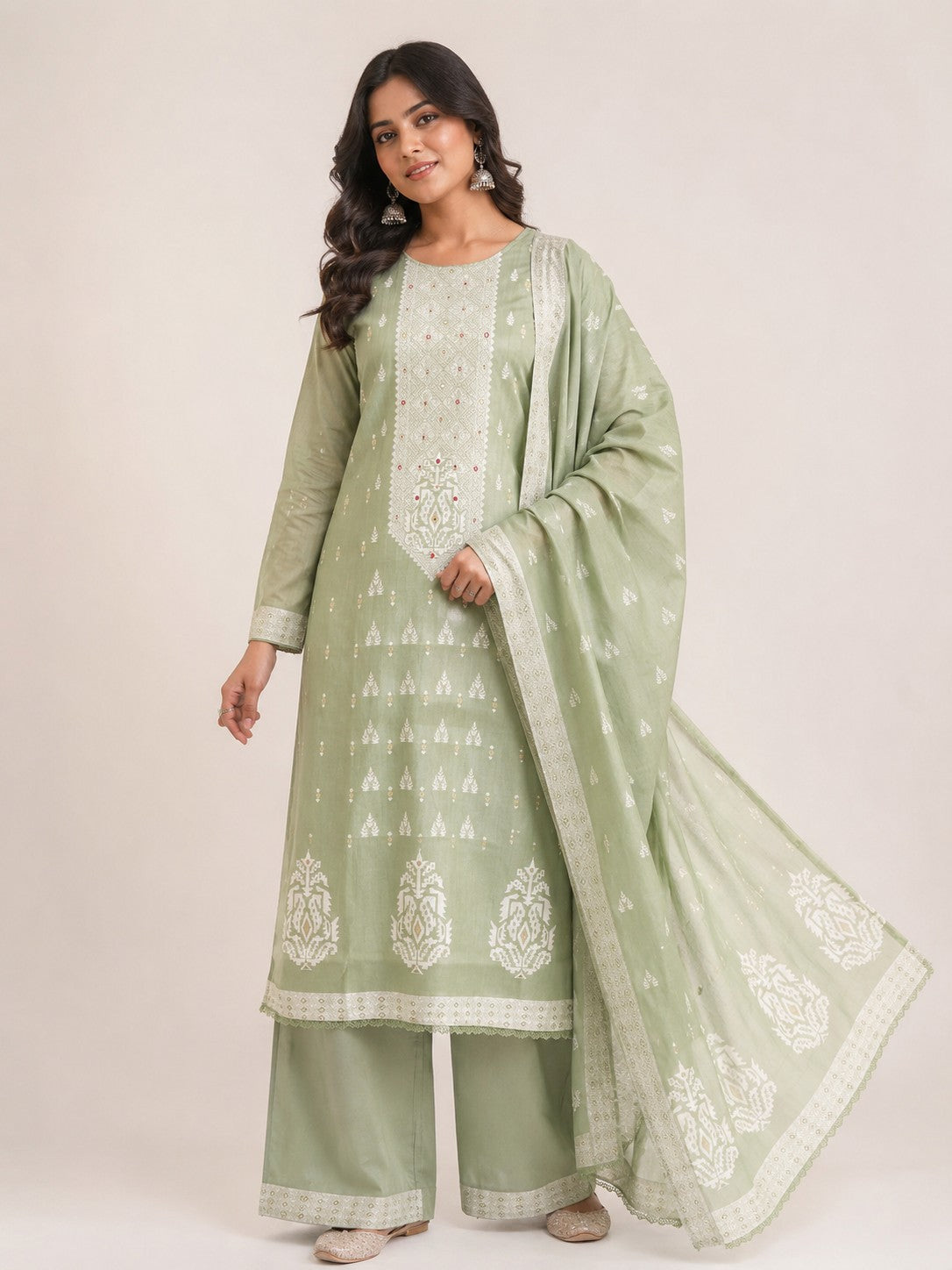 Sage Green Cotton Blend Unstitched Suit Material
