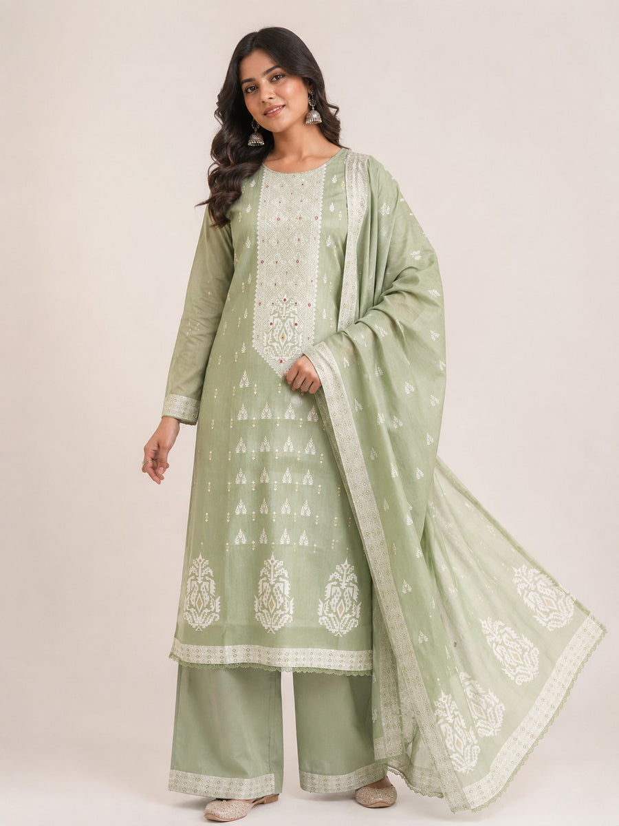 Sage Green Cotton Blend Unstitched Suit Material