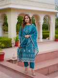 House of Sdaa Teal Blue Printed Kurta Set ,HSDAASKBC000004