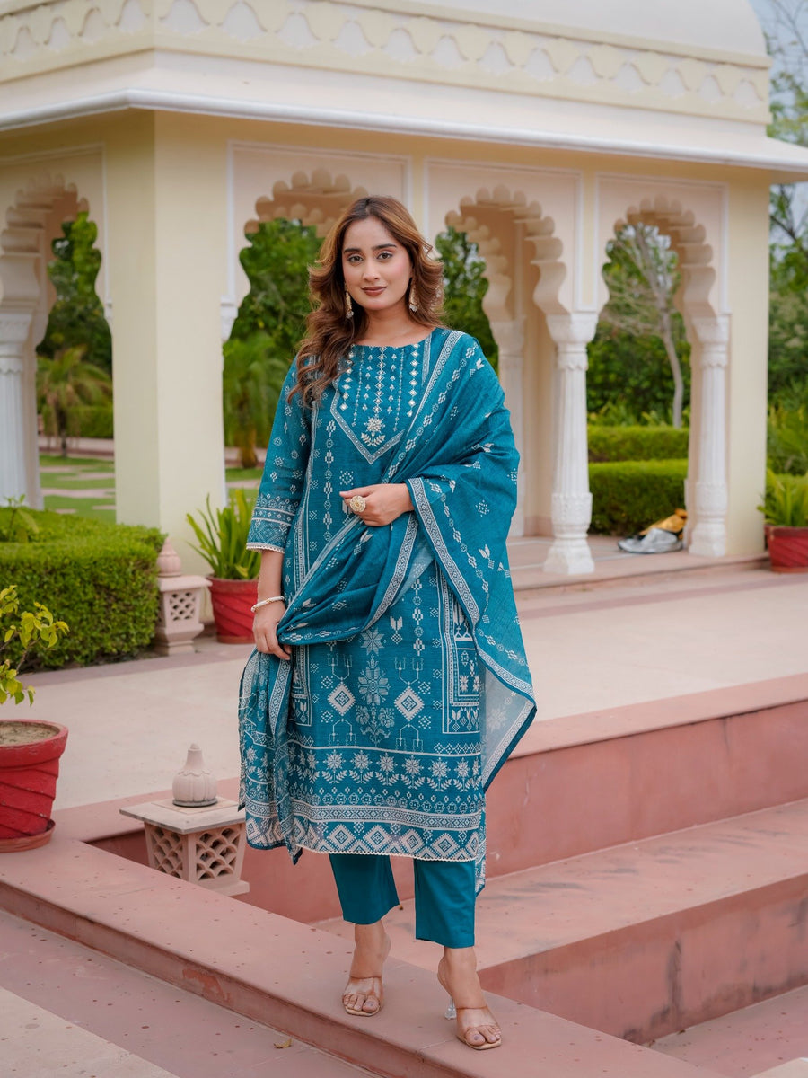 House of Sdaa Teal Blue Printed Kurta Set ,HSDAASKBC000004