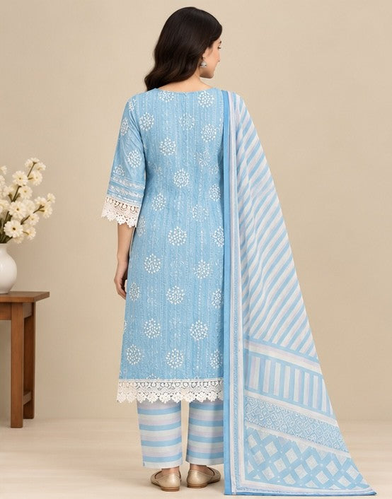 Women’s Sky Blue Cotton Blend Printed Salwar Kurta Dupatta Set