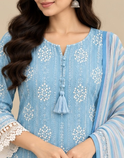 Women’s Sky Blue Cotton Blend Printed Salwar Kurta Dupatta Set