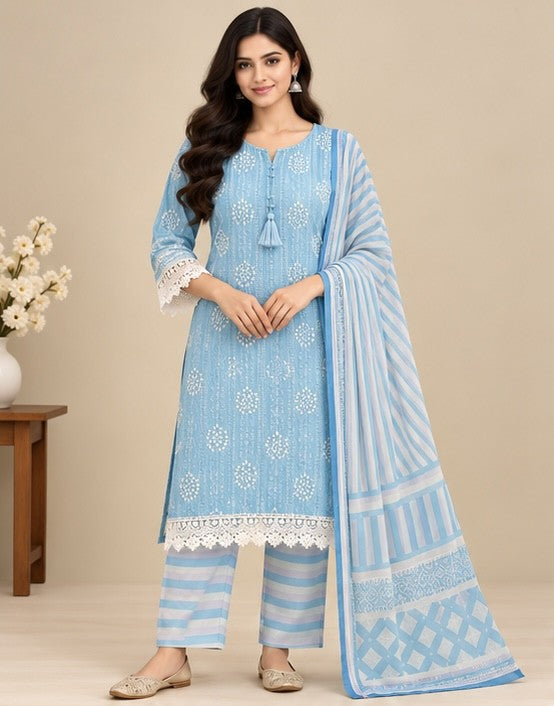 Women’s Sky Blue Cotton Blend Printed Salwar Kurta Dupatta Set
