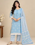 Women’s Sky Blue Cotton Blend Printed Salwar Kurta Dupatta Set
