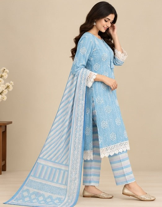 Women’s Sky Blue Cotton Blend Printed Salwar Kurta Dupatta Set