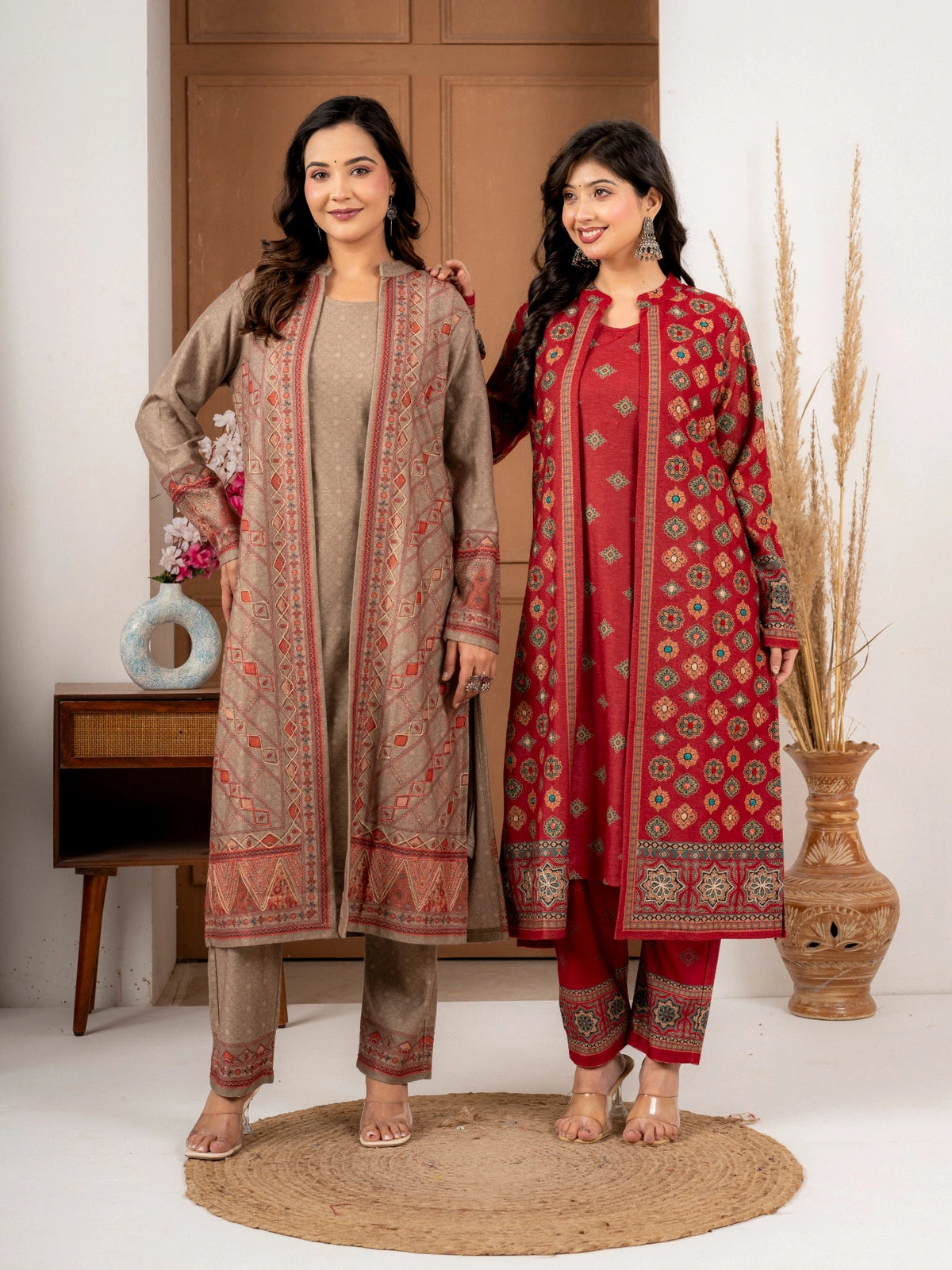 Fawn Printed Wool Blend Long Jacket Suit Set for Women