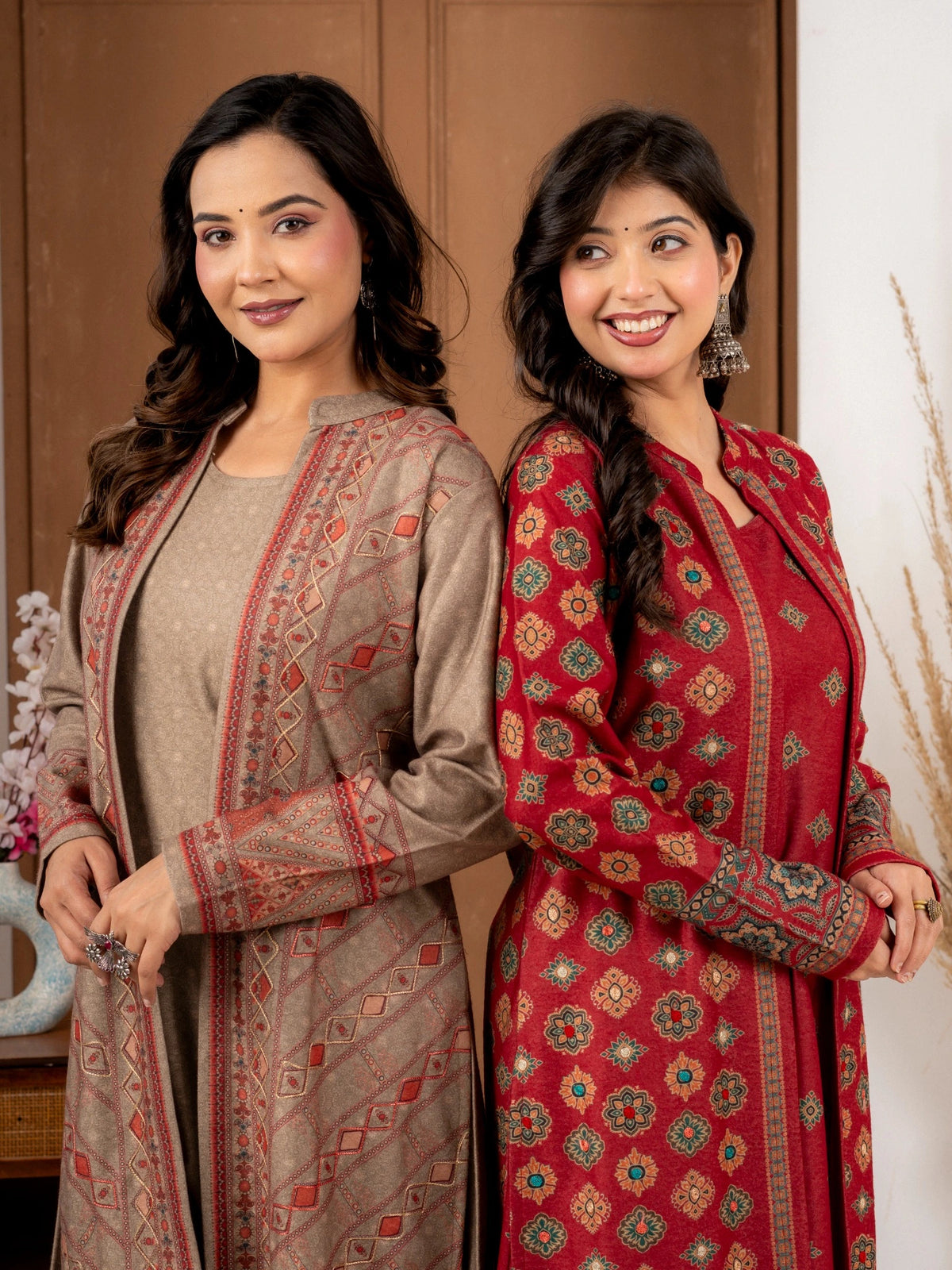 Fawn Printed Wool Blend Long Jacket Suit Set for Women
