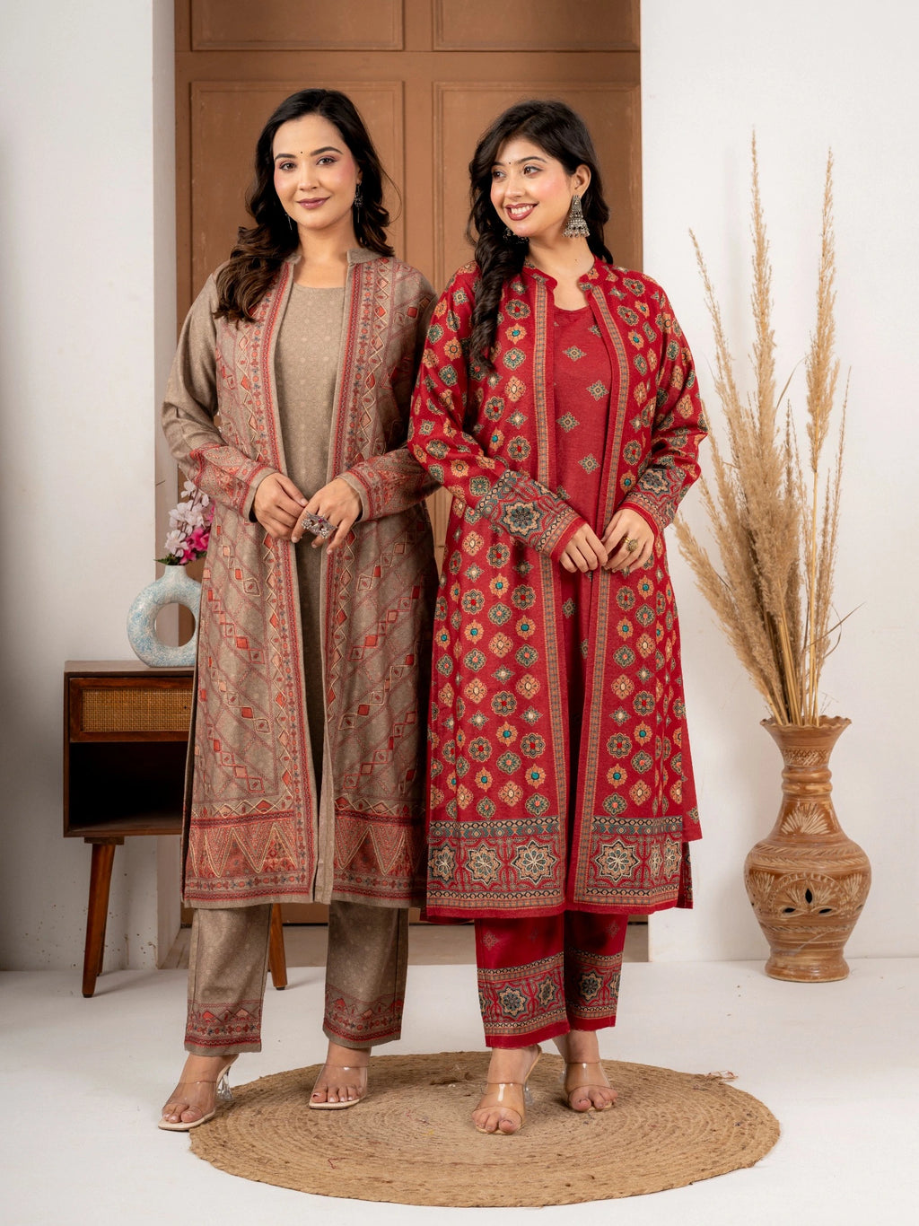 Fawn Printed Wool Blend Long Jacket Suit Set for Women