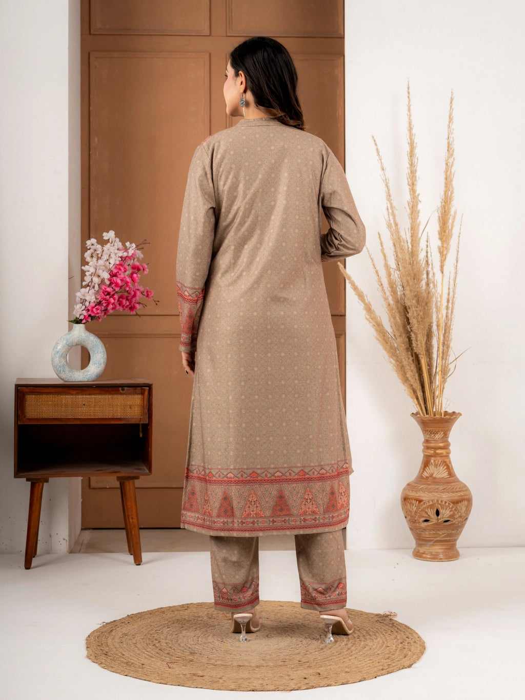 Fawn Printed Wool Blend Long Jacket Suit Set for Women