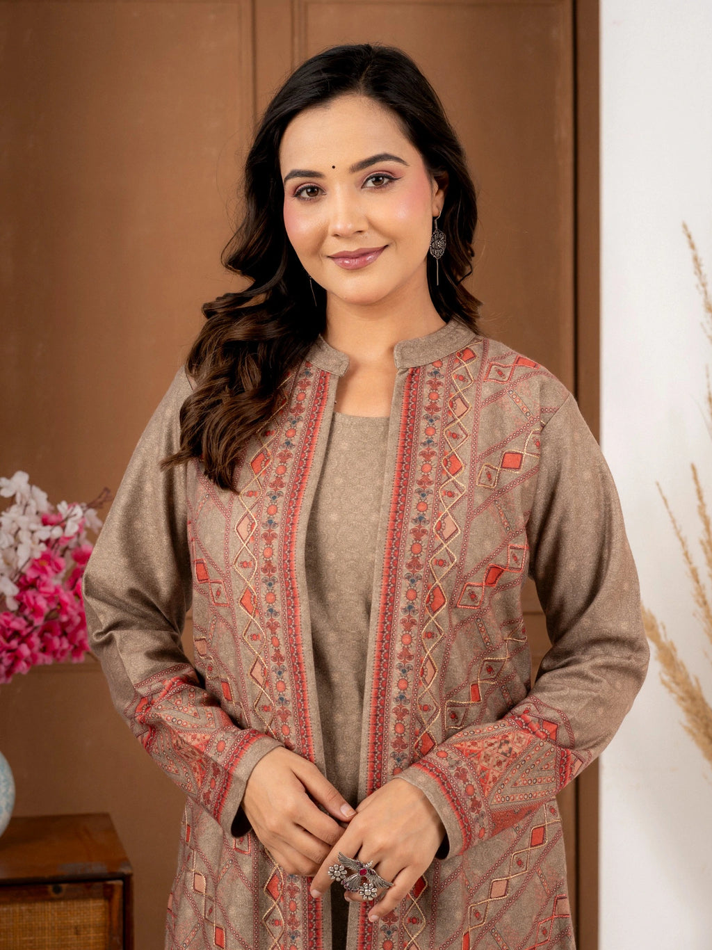 Fawn Printed Wool Blend Long Jacket Suit Set for Women