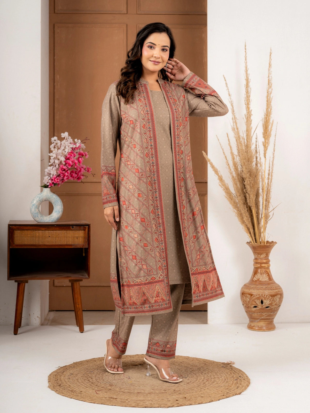 Fawn Printed Wool Blend Long Jacket Suit Set for Women