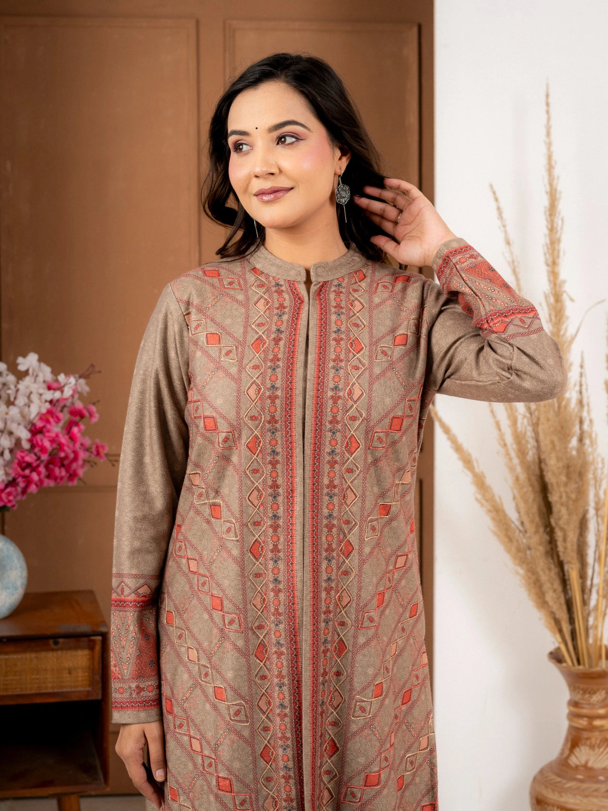 Fawn Printed Wool Blend Long Jacket Suit Set for Women