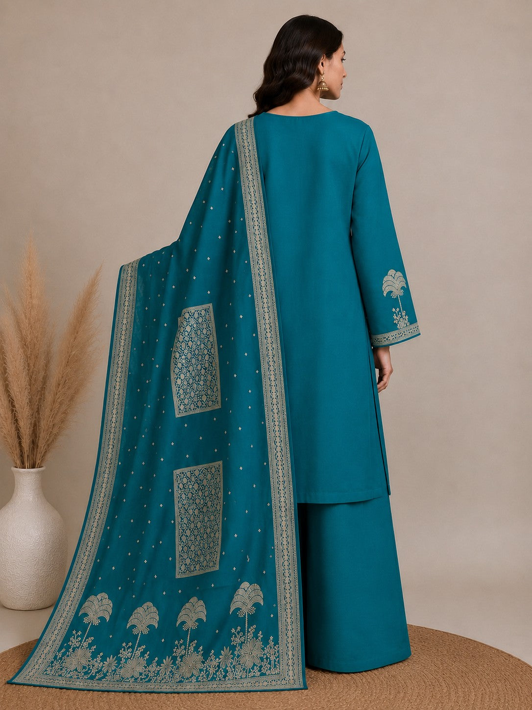 Peacock Blue Jacquard Silk Unstitched Suit Material