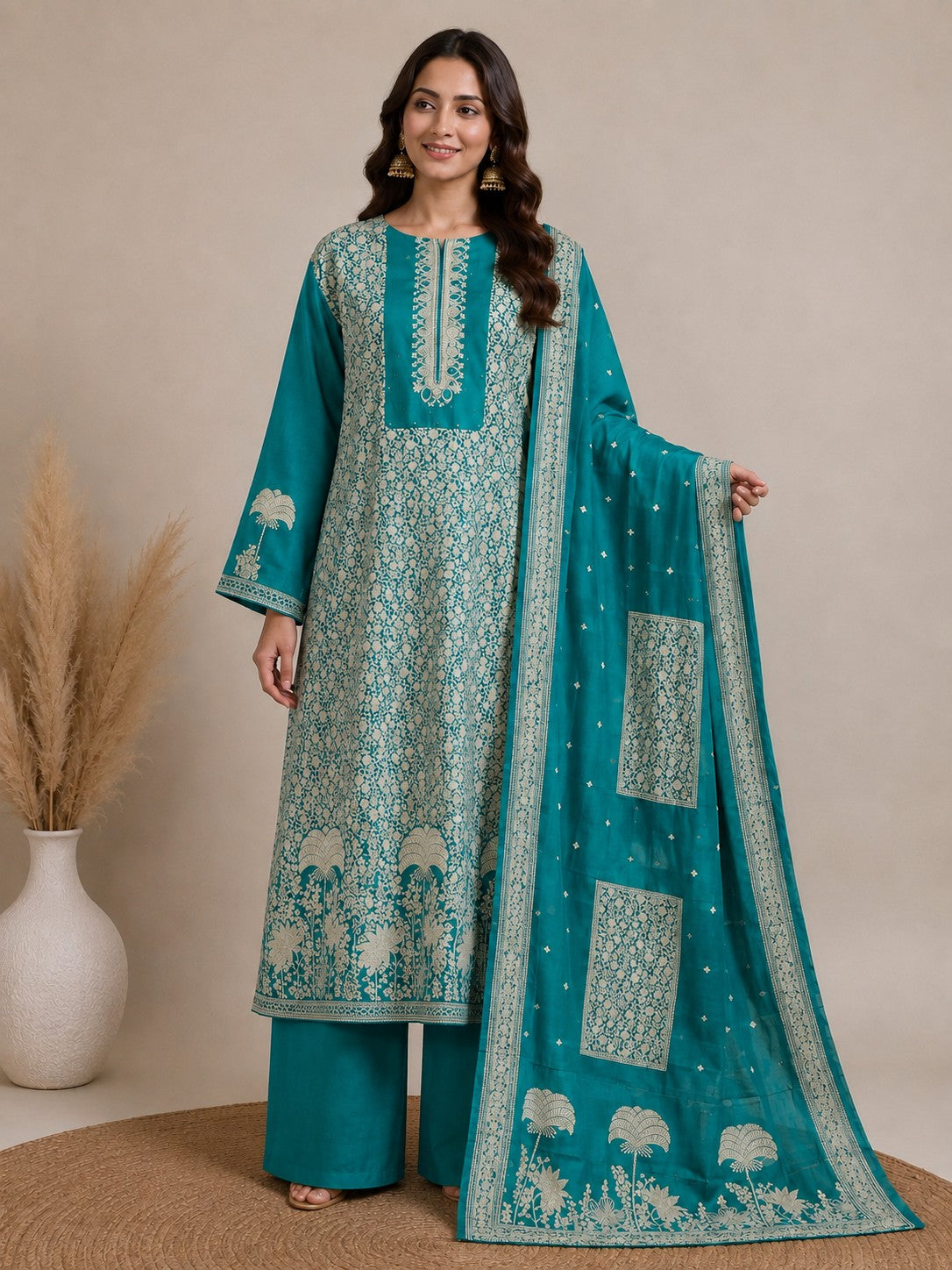 Peacock Blue Jacquard Silk Unstitched Suit Material