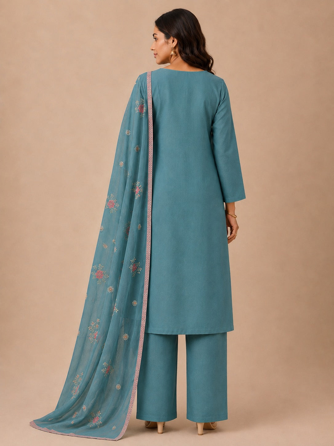 Ocean Blue Floral Embroidered Georgette Unstitched Dress Material