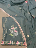 Ocean Blue Floral Embroidered Georgette Unstitched Dress Material