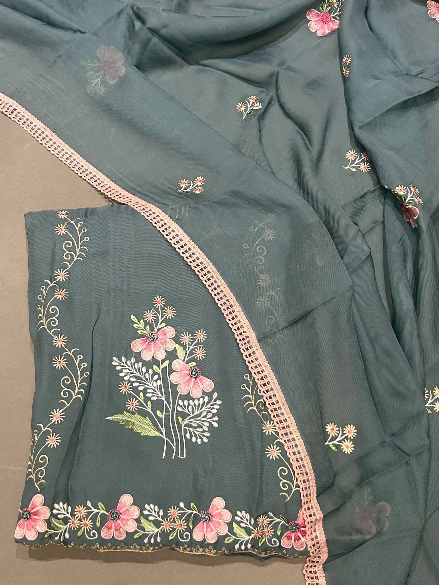Ocean Blue Floral Embroidered Georgette Unstitched Dress Material