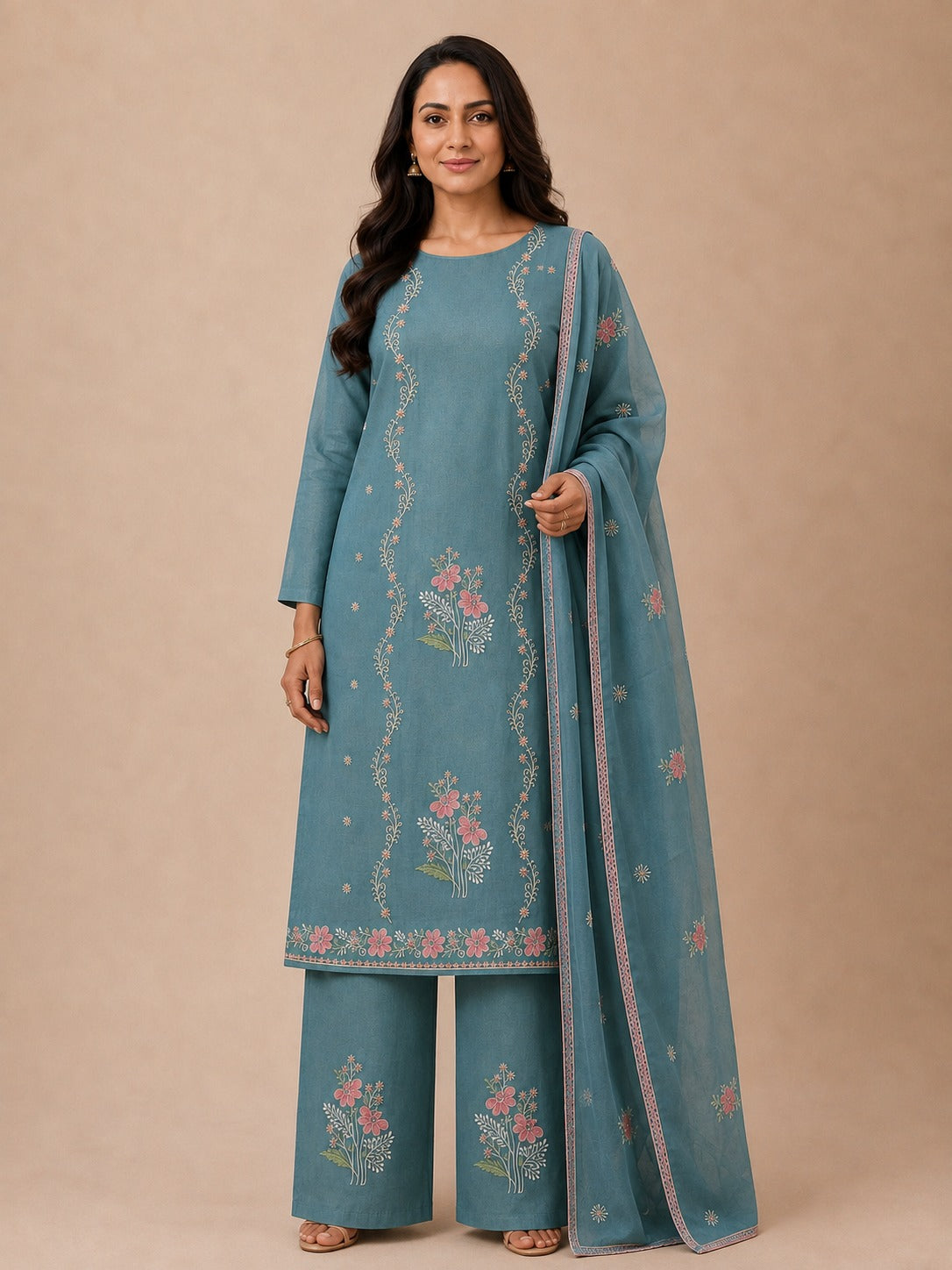 Ocean Blue Floral Embroidered Georgette Unstitched Dress Material