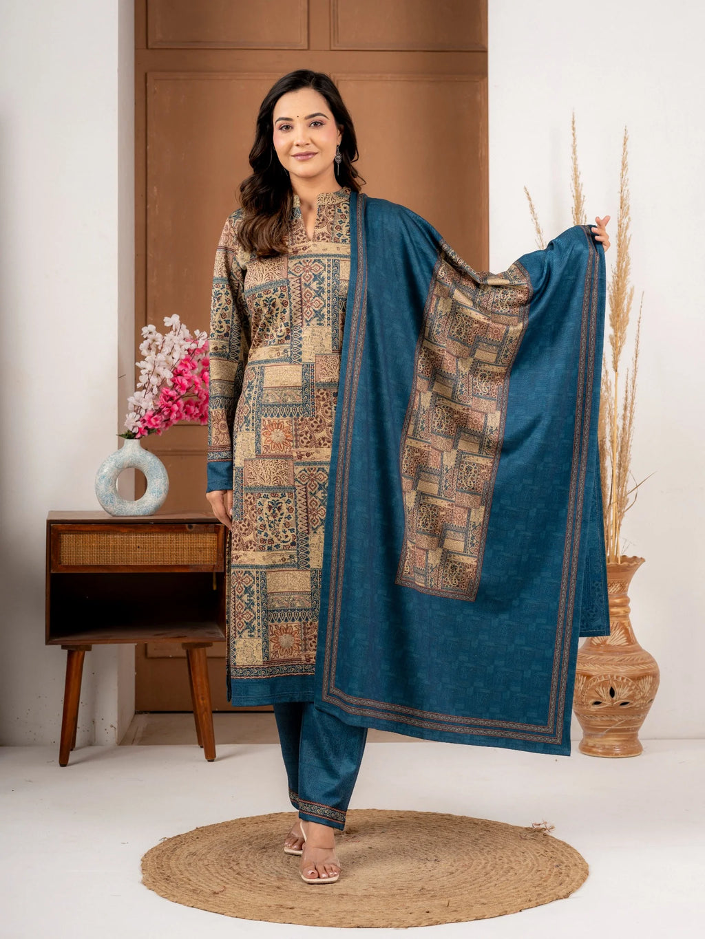 Teal Blue Printed Wool Blend Winter Suit Set with Dupatta