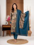 Teal Blue Printed Wool Blend Winter Suit Set with Dupatta