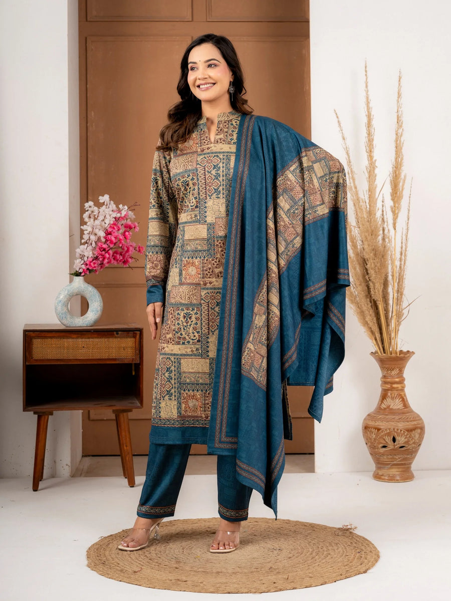 Teal Blue Printed Wool Blend Winter Suit Set with Dupatta