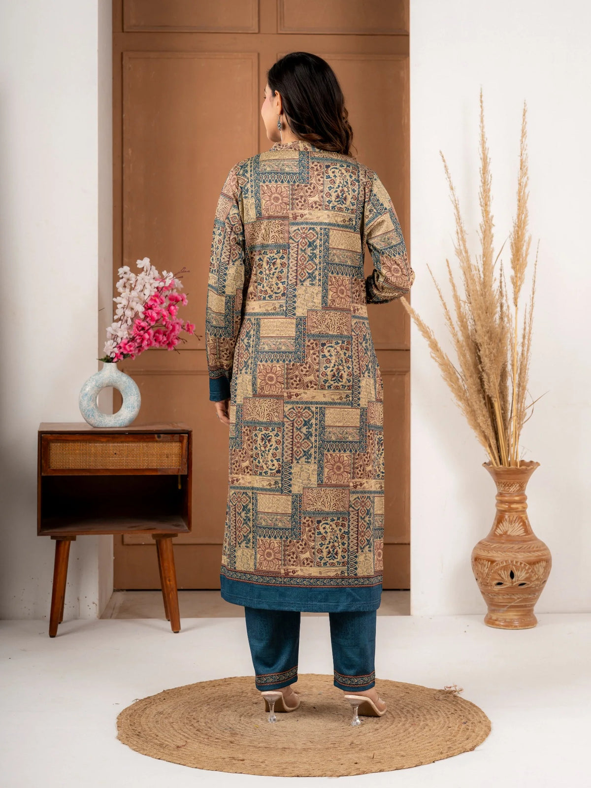 Teal Blue Printed Wool Blend Winter Suit Set with Dupatta